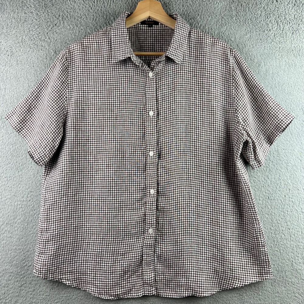 Quince Womens Brown Gingham 100% Linen Short Sleeve Button Down Shirt Size M